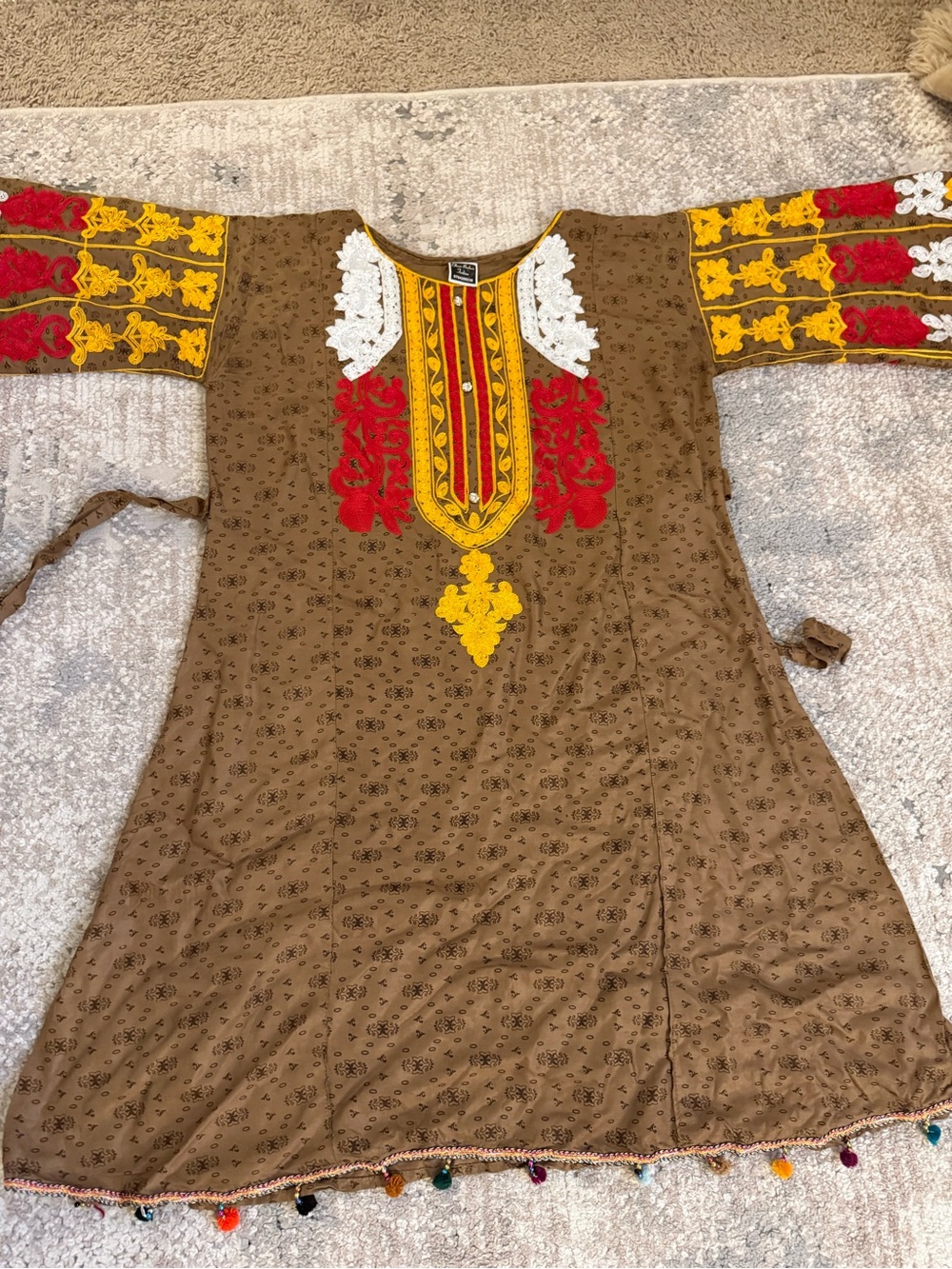 Brown Embroidered Kids Dress with Red & Yellow Accents